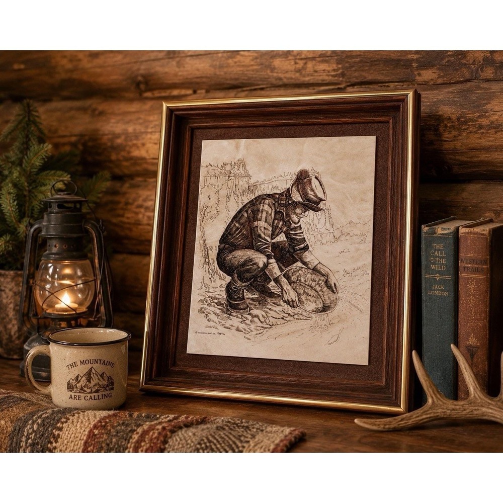 1978 Western Gold Panning Framed Carved Art Print Washington Mint Rustic Cabin